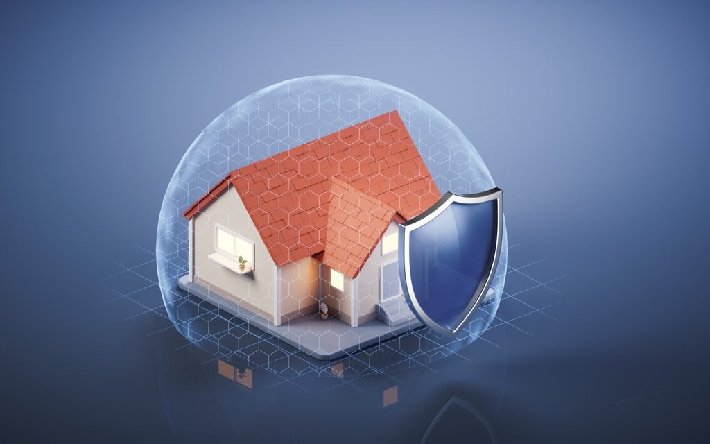 Residential house with shield, 3d rendering. Computer digital drawing. Home is secured